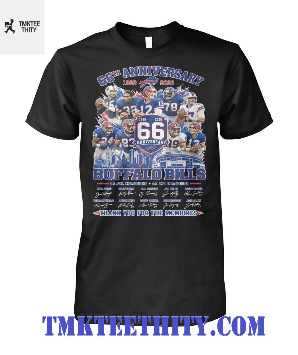 Buffalo Bills 66th Anniversary 1960-2026 Thank You For The Memories Graphic T-Shirt Buffalo Bills 66th Anniversary 1960-2026 Thank You For The Memories Graphic T-Shirt