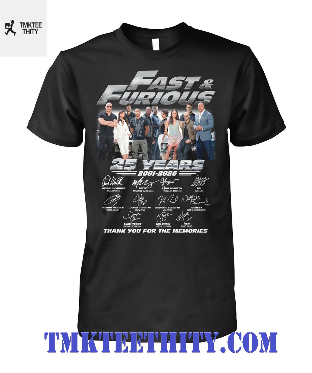 Fast and Furious 25th Anniversary Movie Cast Signatures T-Shirt Fast and Furious 25th Anniversary Movie Cast Signatures T-Shirt