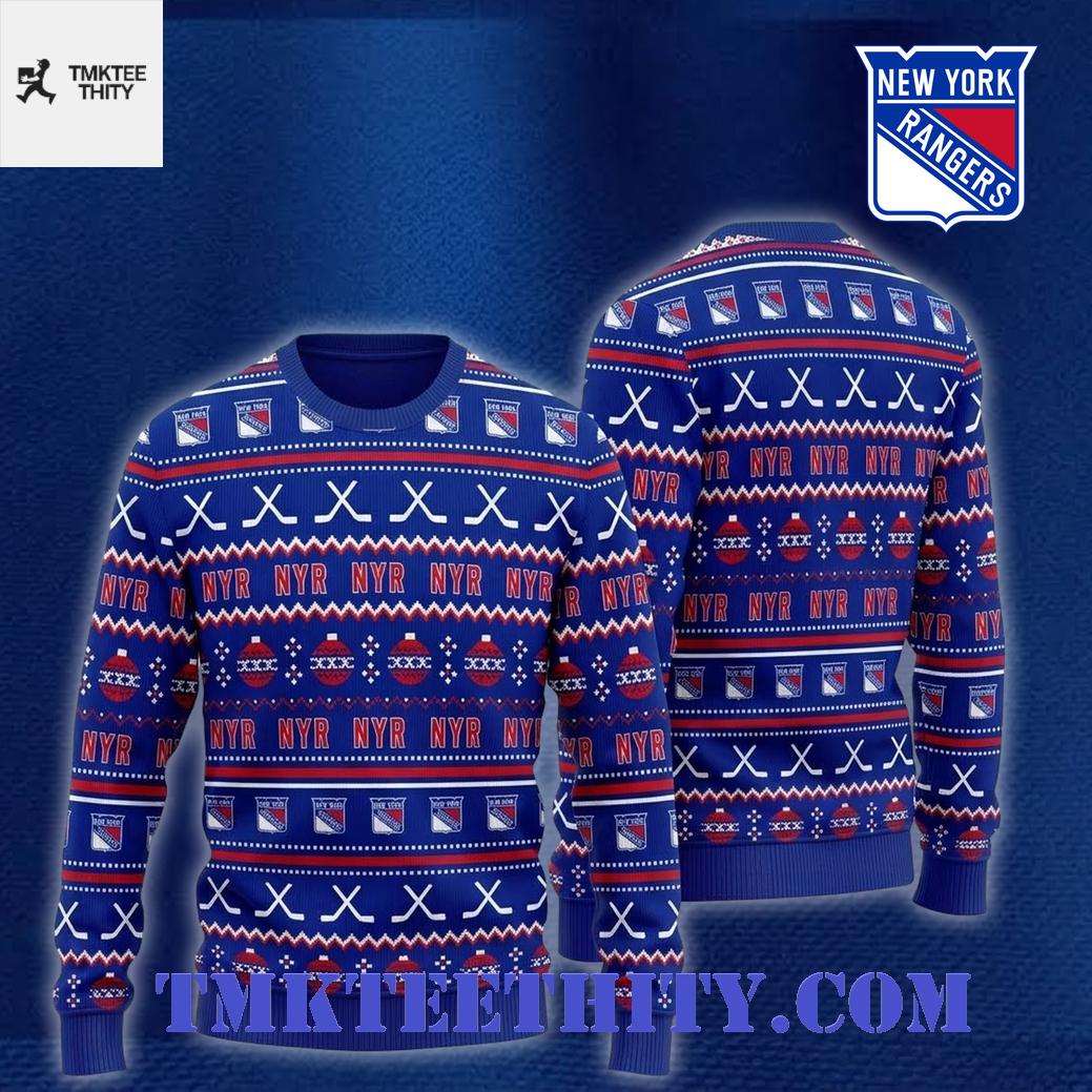 New York Rangers Holiday Festive Ice Hockey Ugly Christmas Sweater New York Rangers Holiday Festive Ice Hockey Ugly Christmas Sweater
